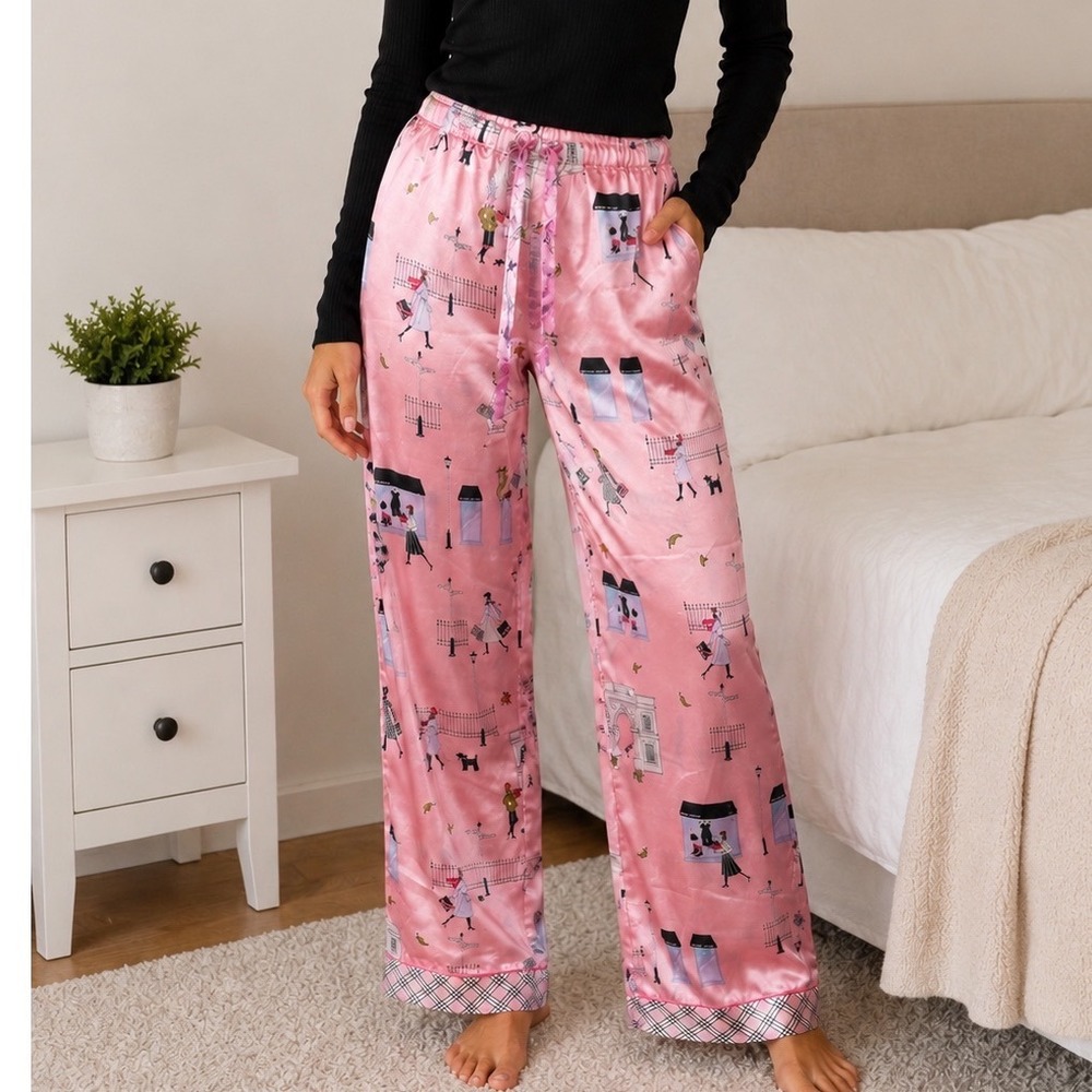 Robert‎ Louis Pink Satin Paris London New York Print Pajama Pants Small NWOT